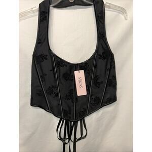Micas NWT Lace Up Corset Top Womens L Jacquard Black Goth Dark Fairy Punk Grunge